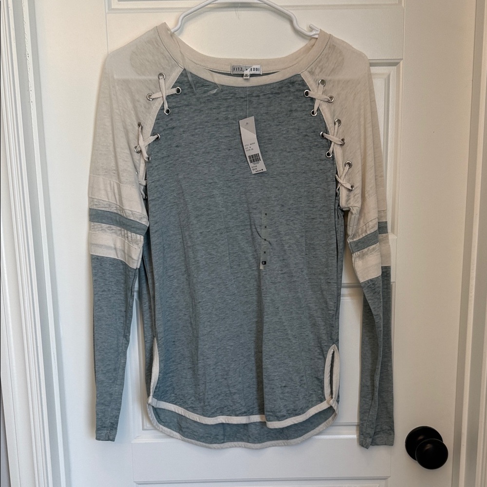 Stylish Lace-Up Long Sleeve Top in Blue and Cream